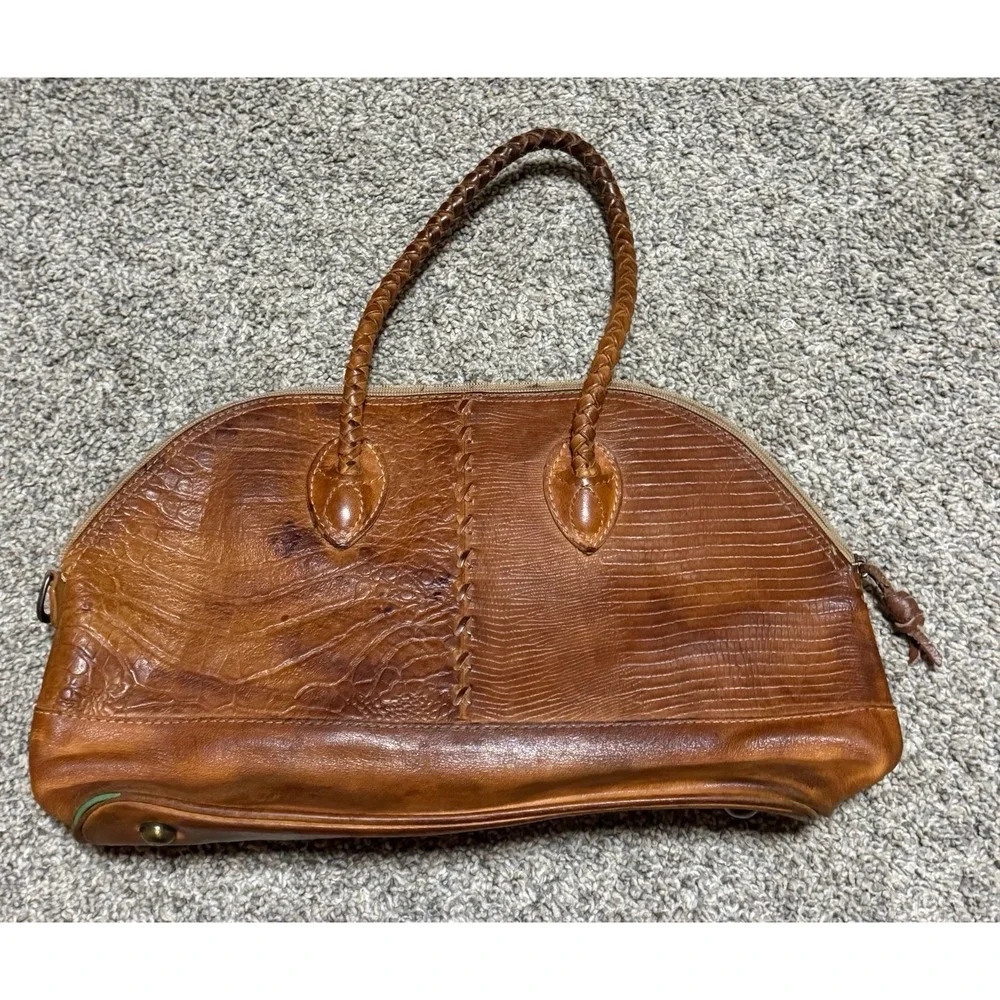 Vintage Fossil Brown Genuine Leather Croc Embossed Dome Handbag Braided Handles